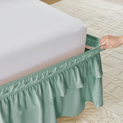 Double Ruffle Bed Skirt 16" Drop, Elastic Wrap Around Dust Ruffle for Twin Full Queen King Bed, Easy Install Linen Poly Blend Bedskirt