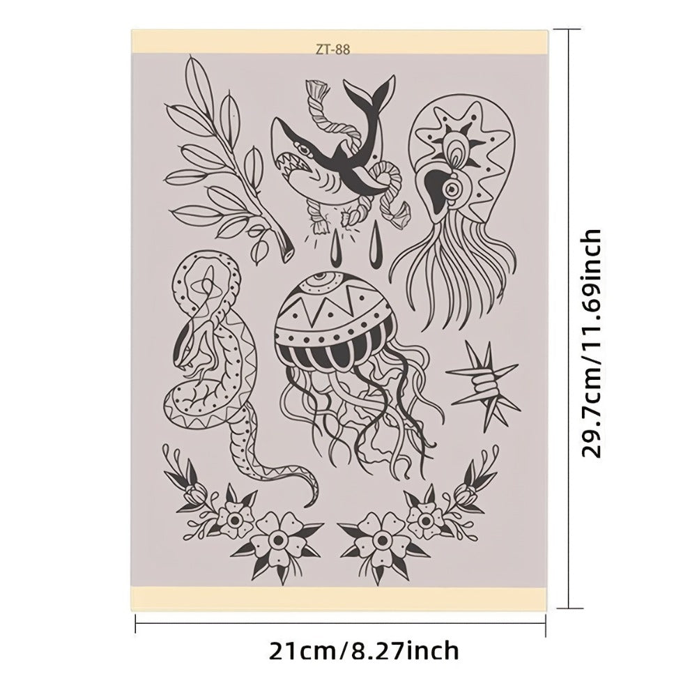 Tattoo Transfer Paper 3 Sheets, Pre-Drawn Stencils with Floral, Paisley, Spiderweb, Snake & Pizza Designs