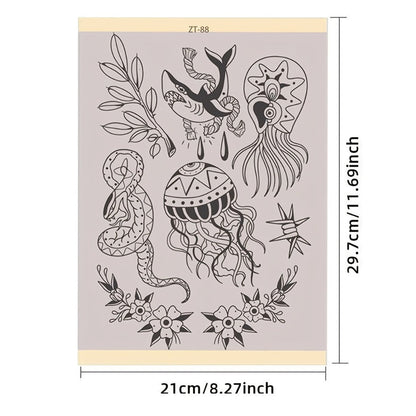 Tattoo Transfer Paper 3 Sheets, Pre-Drawn Stencils with Floral, Paisley, Spiderweb, Snake & Pizza Designs