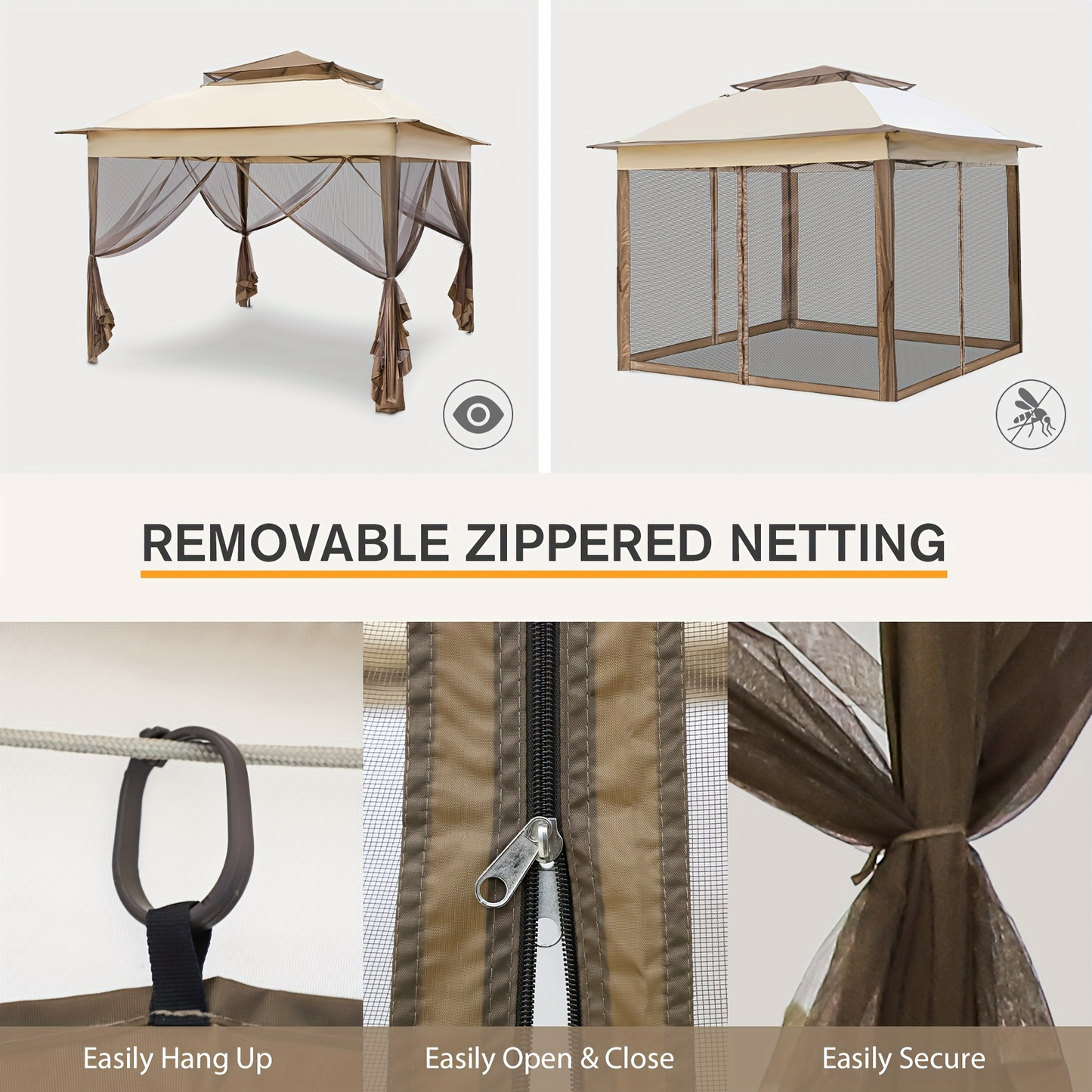Instant Gazebo Tent 11x11 FT Mosquito Netting No Assembly Required for Garden, Yard and Pest Management