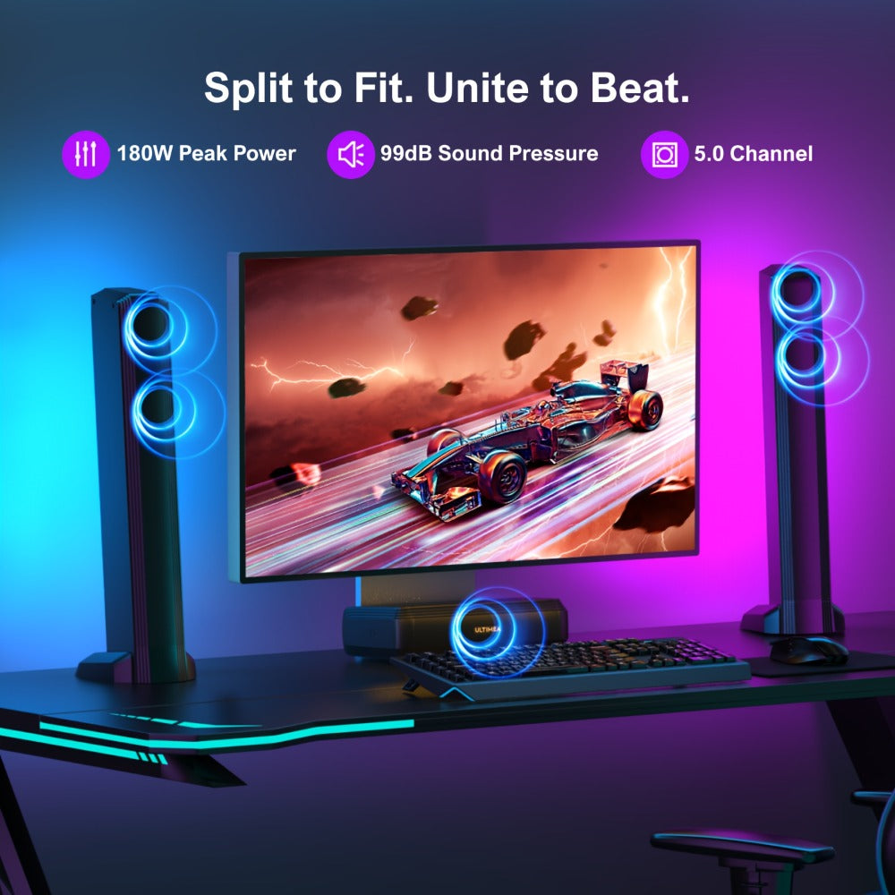 ULTIMEA Soundbar with Built-In Subwoofer – Choose 2.2CH 100W Detachable, 2.1CH 120W App Control, or 5.0CH 180W RGB Surround System