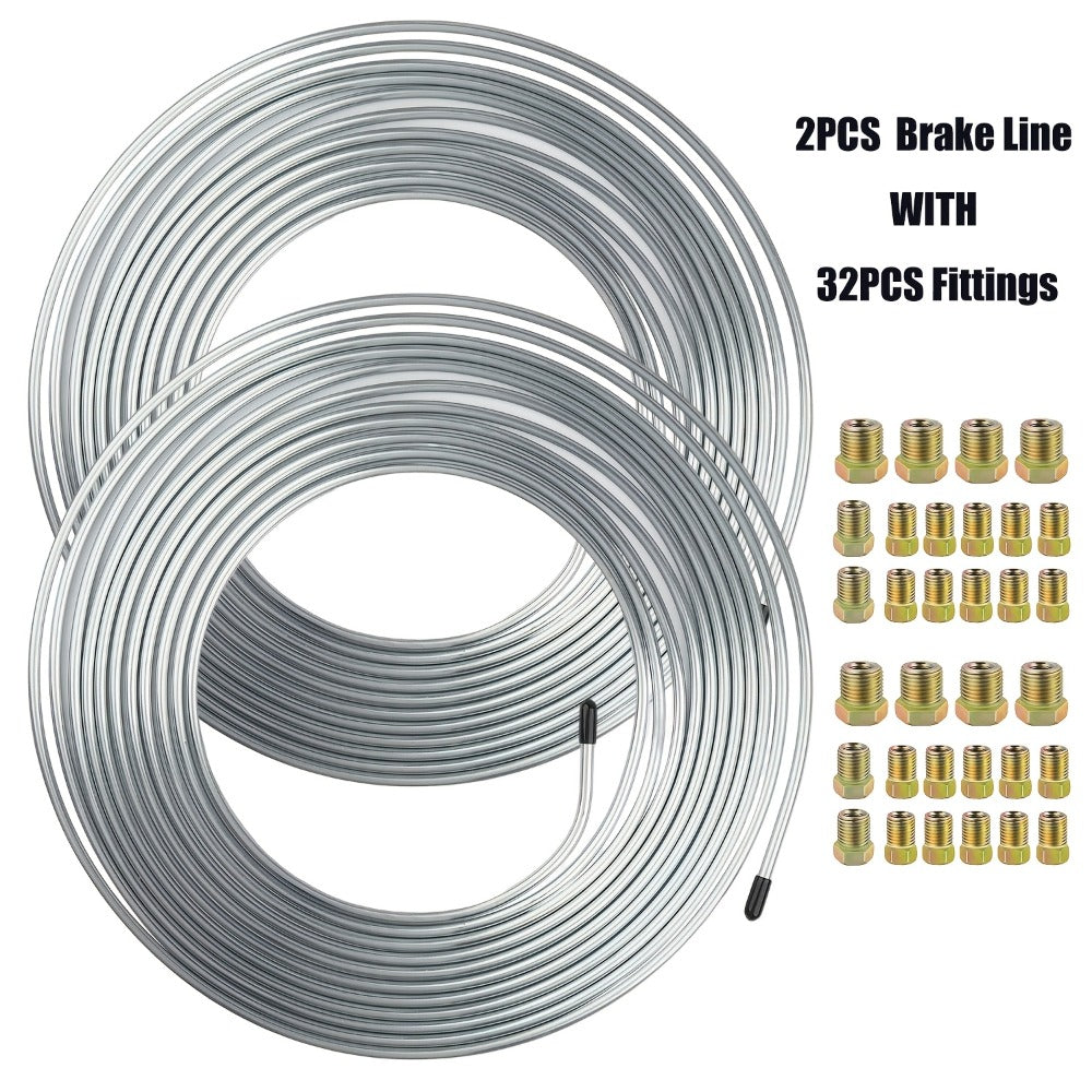 3/16" Brake Line Tubing Kit – Copper Nickel 25ft with 32 Fittings & Stainless Steel Clamps | Brake Line Repair Kit for American Cars & Most