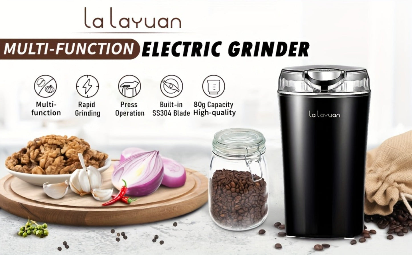 200W-Labeled Electric Coffee Grinder with Press-Lid Control, Two-Leaf Blade and Three Housing Options