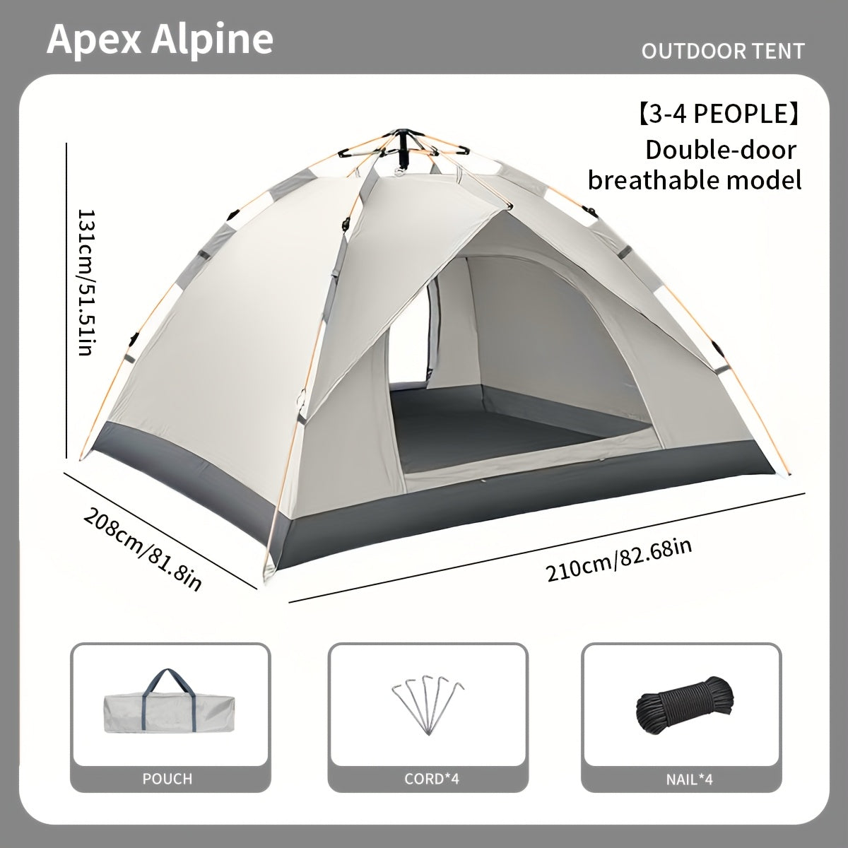 Camping Tent Automatic Pop-Up with Double Doors, Polyester Body and Four Size-Window Configurations