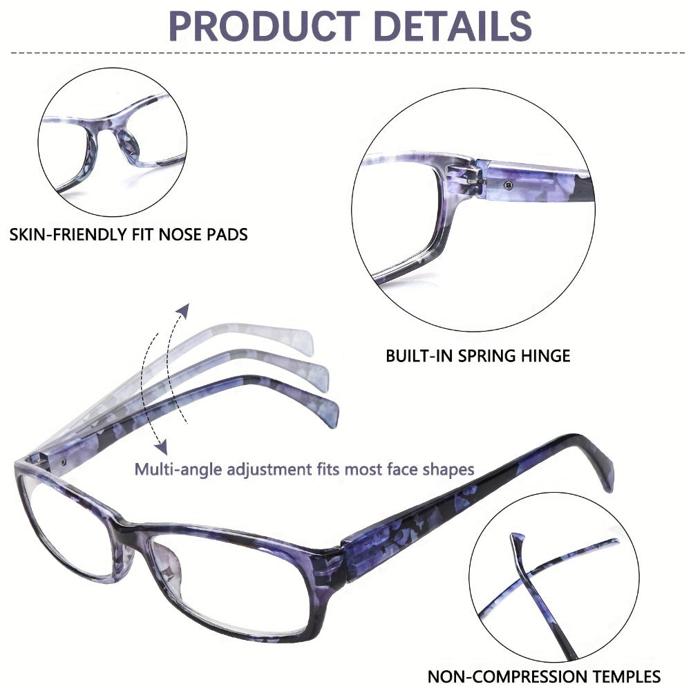Reading Glasses – Five-Pair Rectangular Set with Spring Hinges and Mixed Colors with Multiple Strength and Color Options