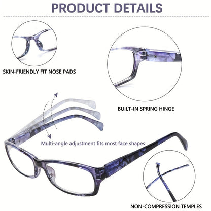 Reading Glasses – Five-Pair Rectangular Set with Spring Hinges and Mixed Colors with Multiple Strength and Color Options