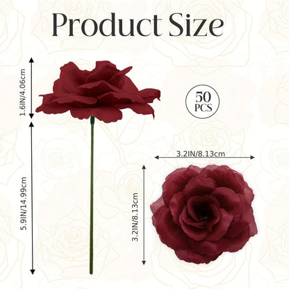 Artificial Rose Heads with Stems, 50-Piece Silk-Labeled Set in Champagne, Silver, Pink, Wine Red, Blue or Orange