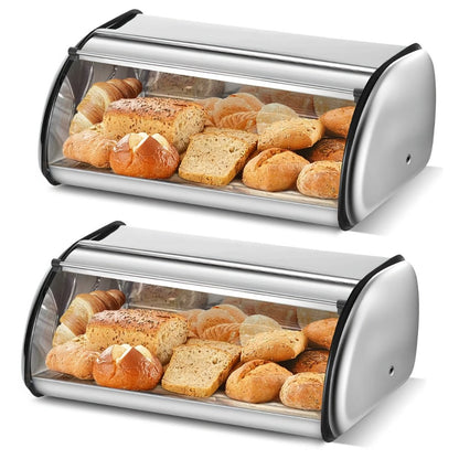 Stainless Steel Roll Top Bread Box 13 Inch - Countertop Bread Storage Container with Lid, Keeps Bread Fresh & Insect-Free