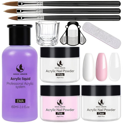 Acrylic Nail Kit with Clear Pink White Powders, Liquid Monomer, Four Brushes, Forms and Mixing Dish