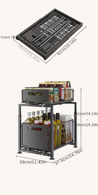 Under Sink Organizer 2-Tier Pull Out – Adjustable Height Carbon Steel Cabinet Storage Shelf for Kitchen and Bathroom