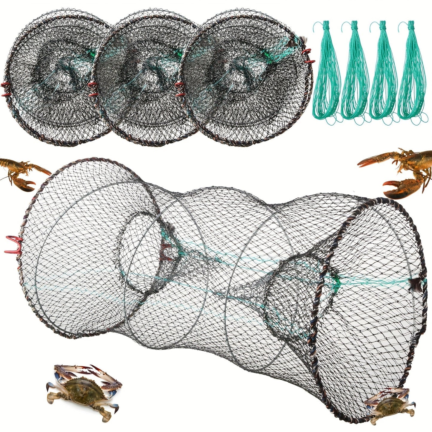 Collapsible Fishing Trap Net 4 Pack – Crab Crawfish Minnow Lobster Shrimp Bait Cage with 49ft Rope, 12x24 Inch Foldable Fish Trap