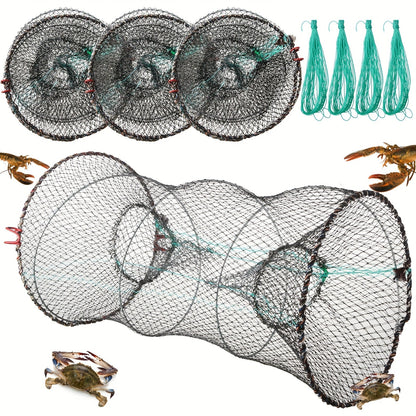 Collapsible Fishing Trap Net 4 Pack – Crab Crawfish Minnow Lobster Shrimp Bait Cage with 49ft Rope, 12x24 Inch Foldable Fish Trap