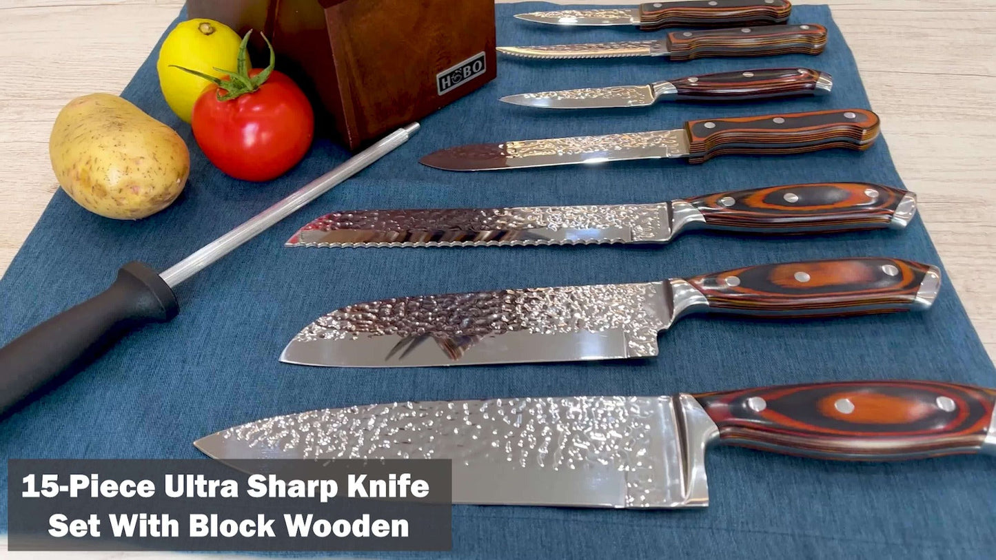 Kitchen Knife Set 15-Piece & 20-Piece Professional Chef Knives with Block Sharpener Ultra-Sharp Medium Carbon Stainless Steel Hammered Blade