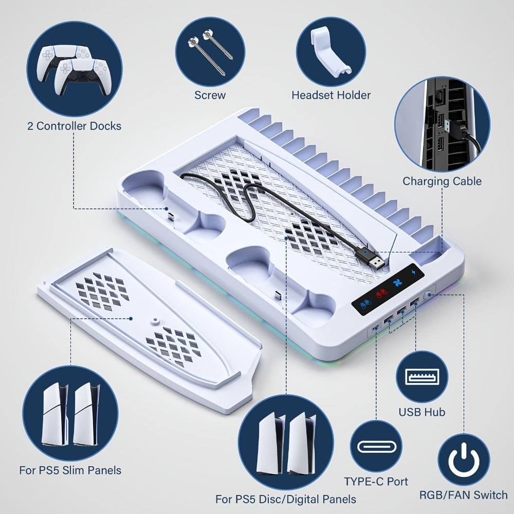 PS5 Cooling Stand with 16 Game Slots & LED Light for an Everyday Personal Care Routine, with the Listed Configuration