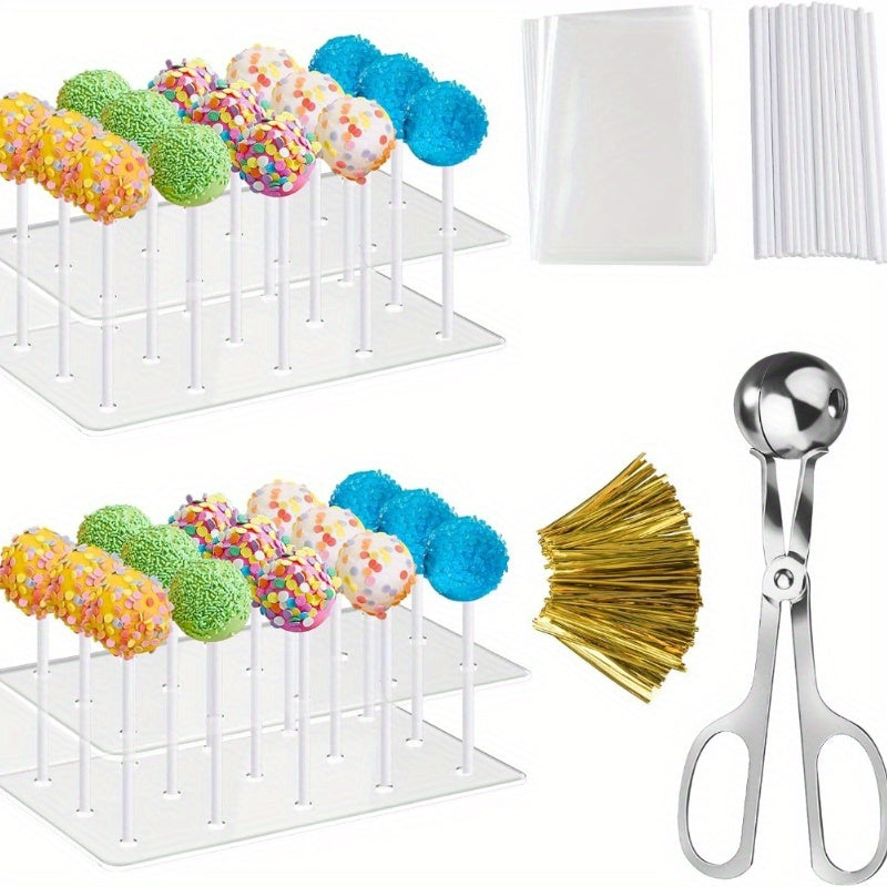 Cake Pop Kit 304pcs Complete Set, Includes Cake Pop Mold, 2 Display Stands, 100 Lollipop Sticks, 100 Treat Bags and 100 Twist Ties