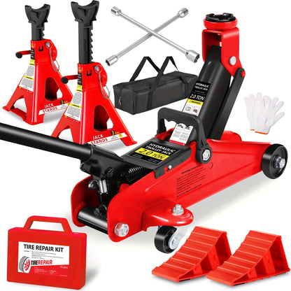 Hydraulic Floor Jack Kit 2/2.5/3 Ton Low Profile Trolley Jack with Jack Stands, Tire Repair Kit, Wheel Wrench & Wheel Chock Combo – Red/Blue