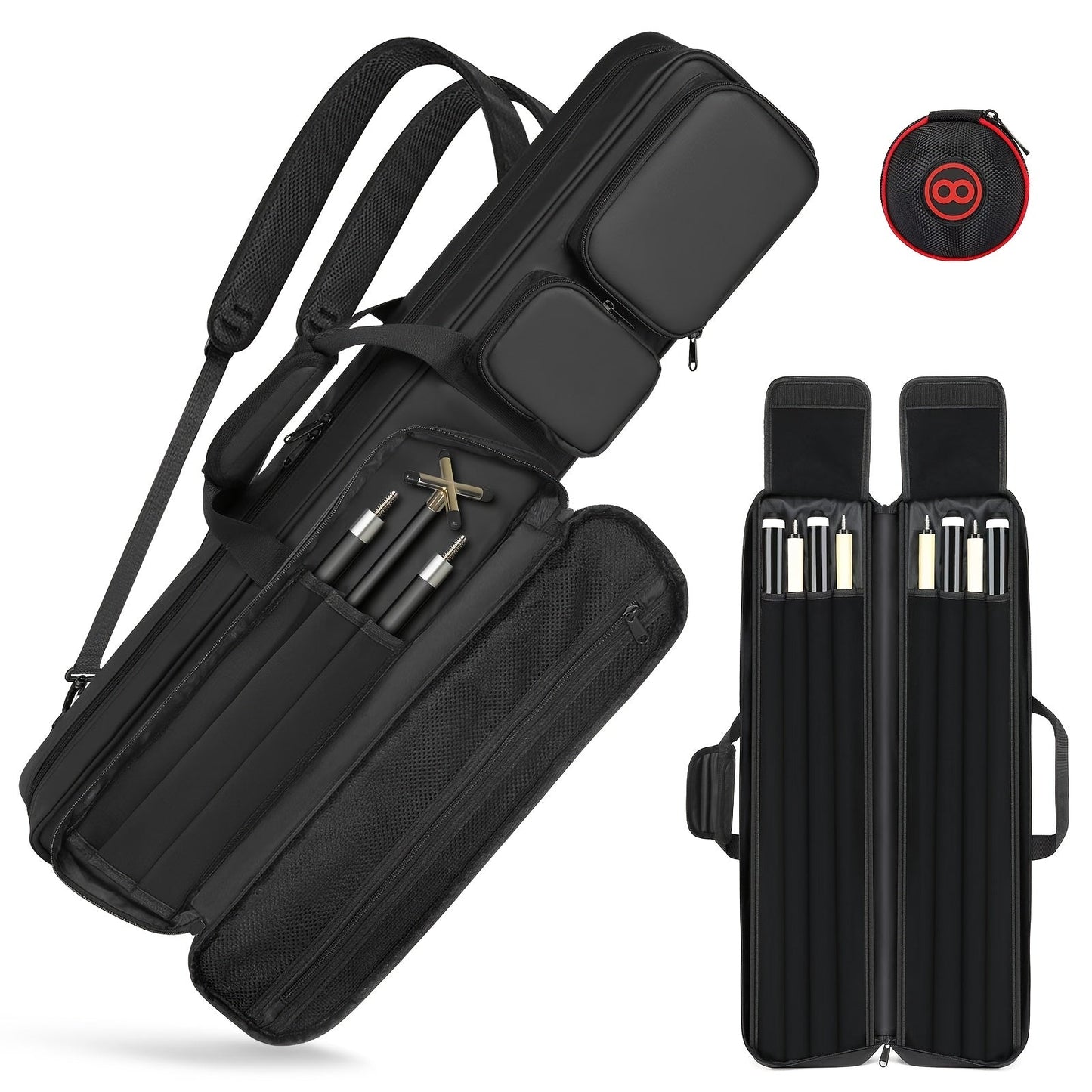 Pool Cue Case 4x4 – Billiard Cue Bag Holds 4 Butts & 4 Shafts, Hidden Backpack Strap, Large Front Accessory Pockets