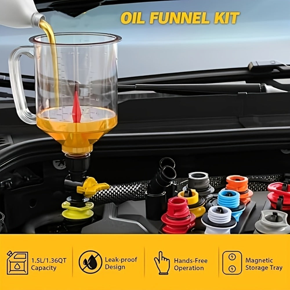 Engine Oil Funnel Kit 19Pcs – No-Spill Coolant Funnel Set with 12 Universal Adapters, 1.5L Capacity, Magnetic Tray for Oil Change Car