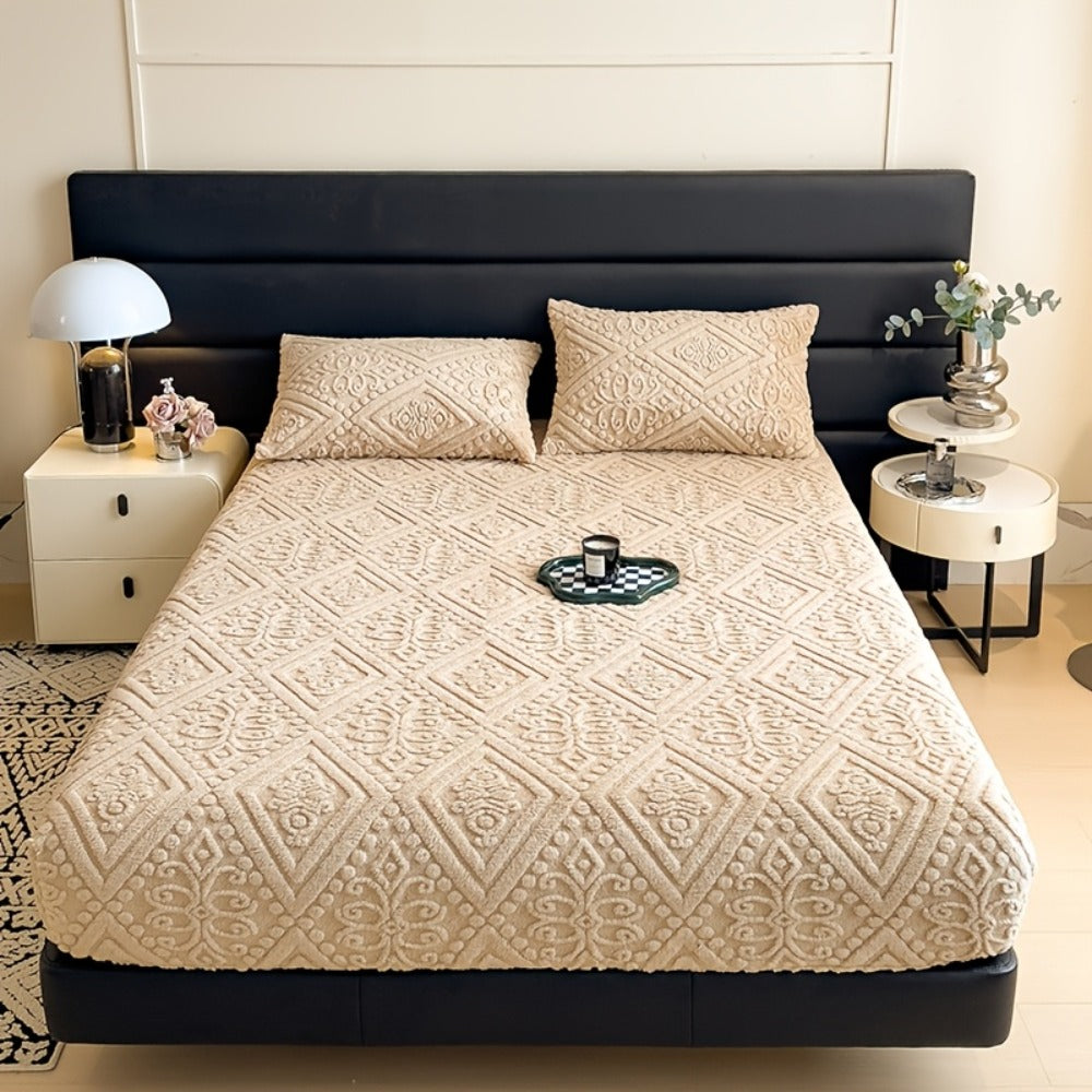 Bed Sheets, Single Jacquard-Knit Embossed Fitted Sheet with 11.4-Inch Pocket, Five Colors and Twin-to-King Sizes