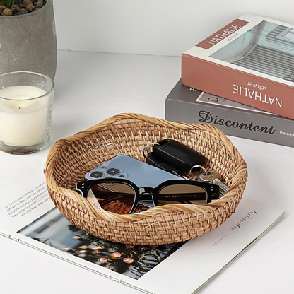 Rattan Tray Bowl – 8.5 Inch Hand Woven Natural Wicker Basket Tray for Fruit, Bread, Keys, Tabletop Decor, Kitchen, Entryway & Living Room