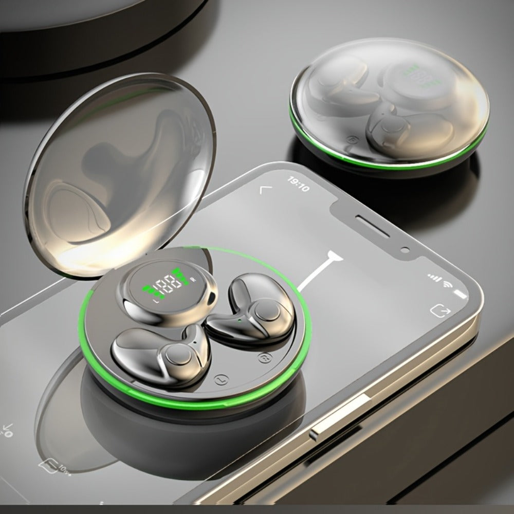 Low-Profile Round-Case Mini Sleep Earbuds with Digital Battery Display in Black, Khaki or White