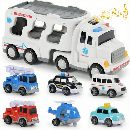 7-in-1 Kids Car Toy Set 7pcs with Playmat, Large Vehicle + 6 Mini Cars Ambulance Police Fire Truck Engineering