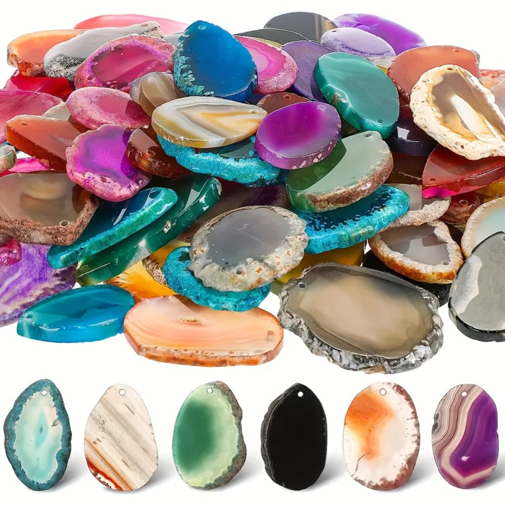 Natural Agate Slices Pendants 20pcs – Mixed Colors Polished Stone Drilled Beads for Jewelry Making, Wind Chime & DIY Crafts
