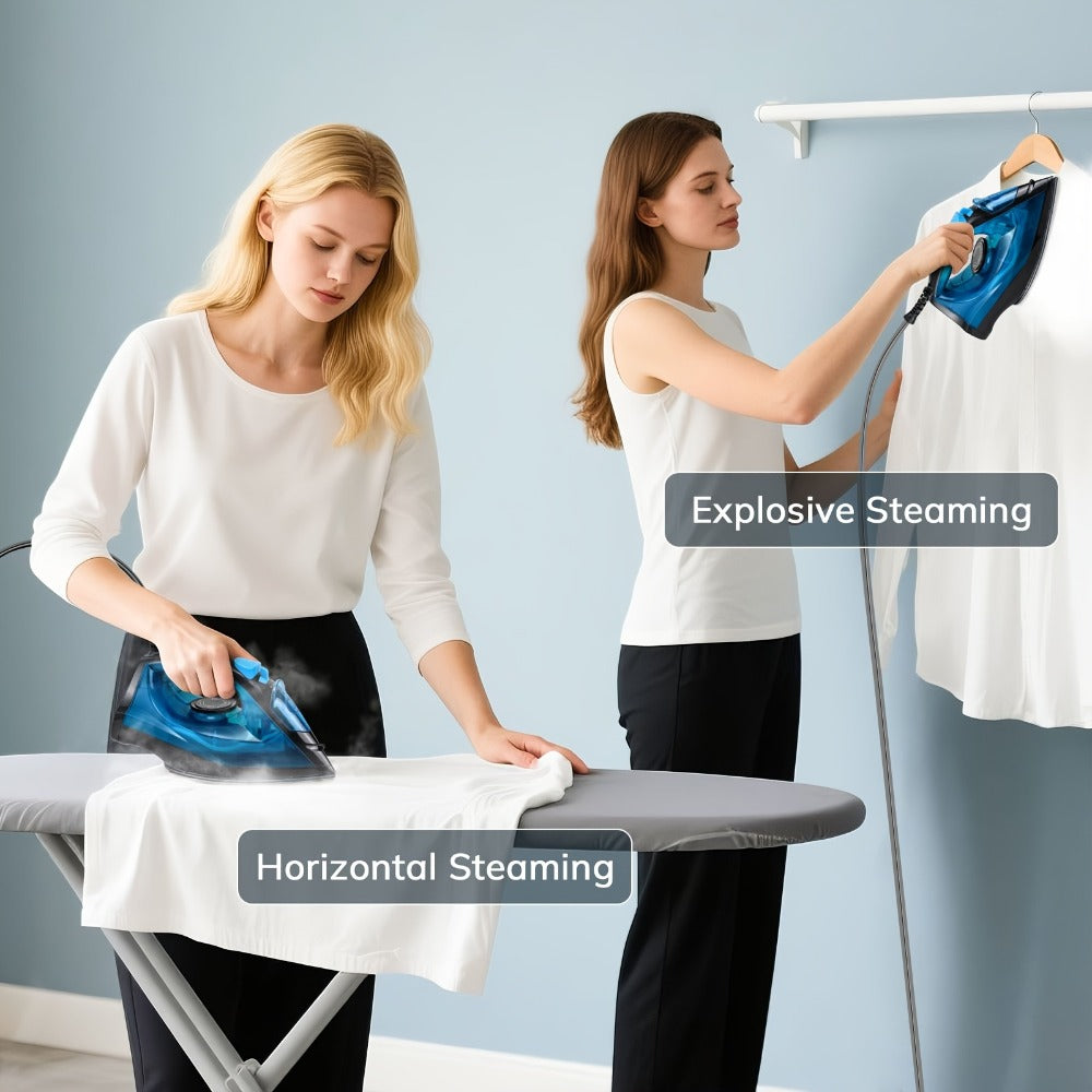 Steam Iron Non-Stick Bottom Plate High Pressure Anti-Calc Safety Protection Adjustable Temperature Steam Settings Dry Wet Clothes Fast