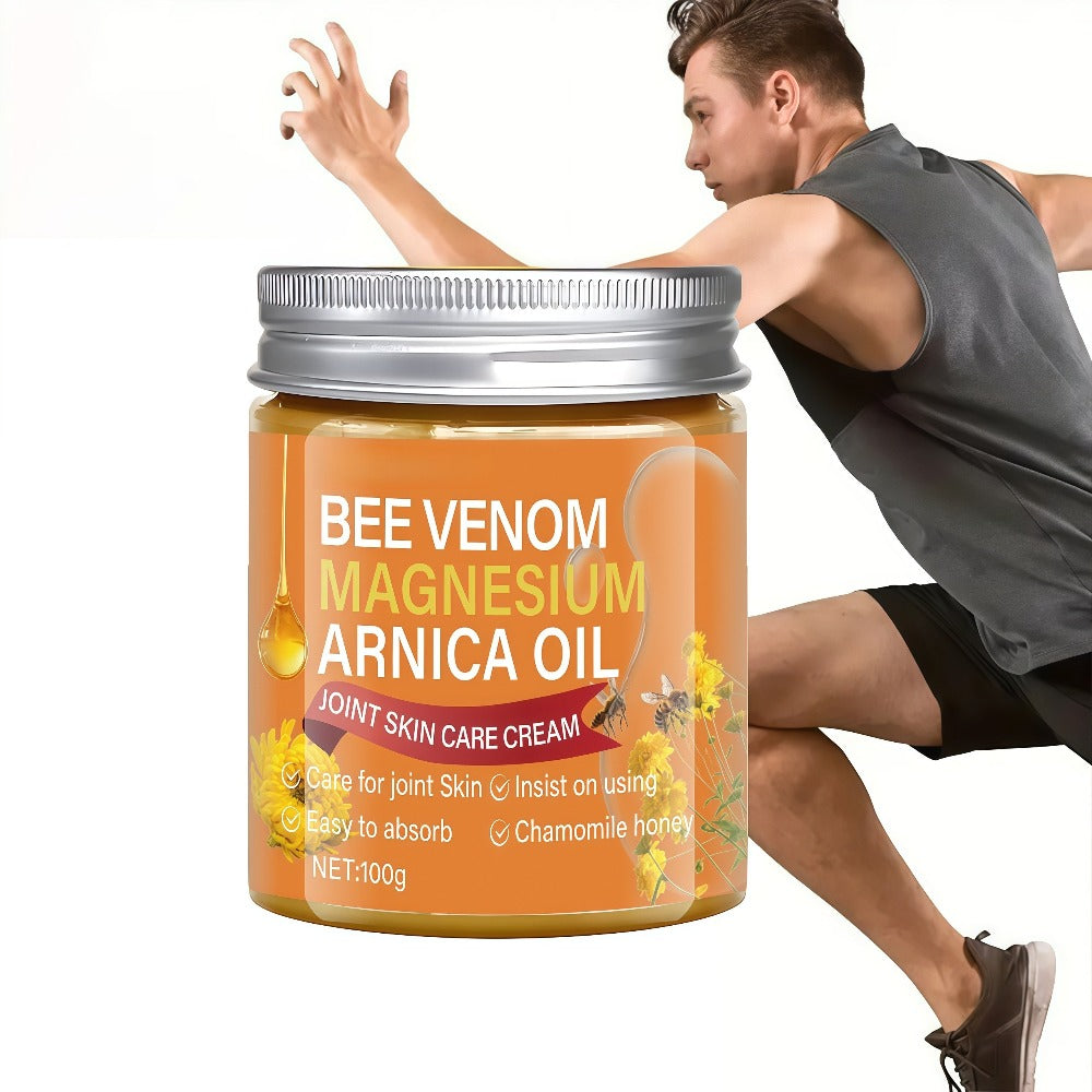 Body Cream 100g Amber Jar with Bee Venom Magnesium and Arnica Oil Package Callouts for External Massage Use