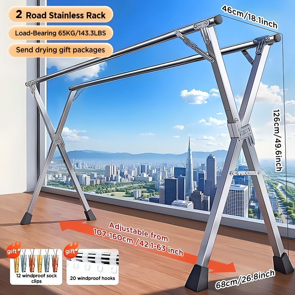 Retractable Stainless Steel Clothes Drying Rack with Dual Rods and 42.52-62.99 or 48.43-78.74-Inch Sizes