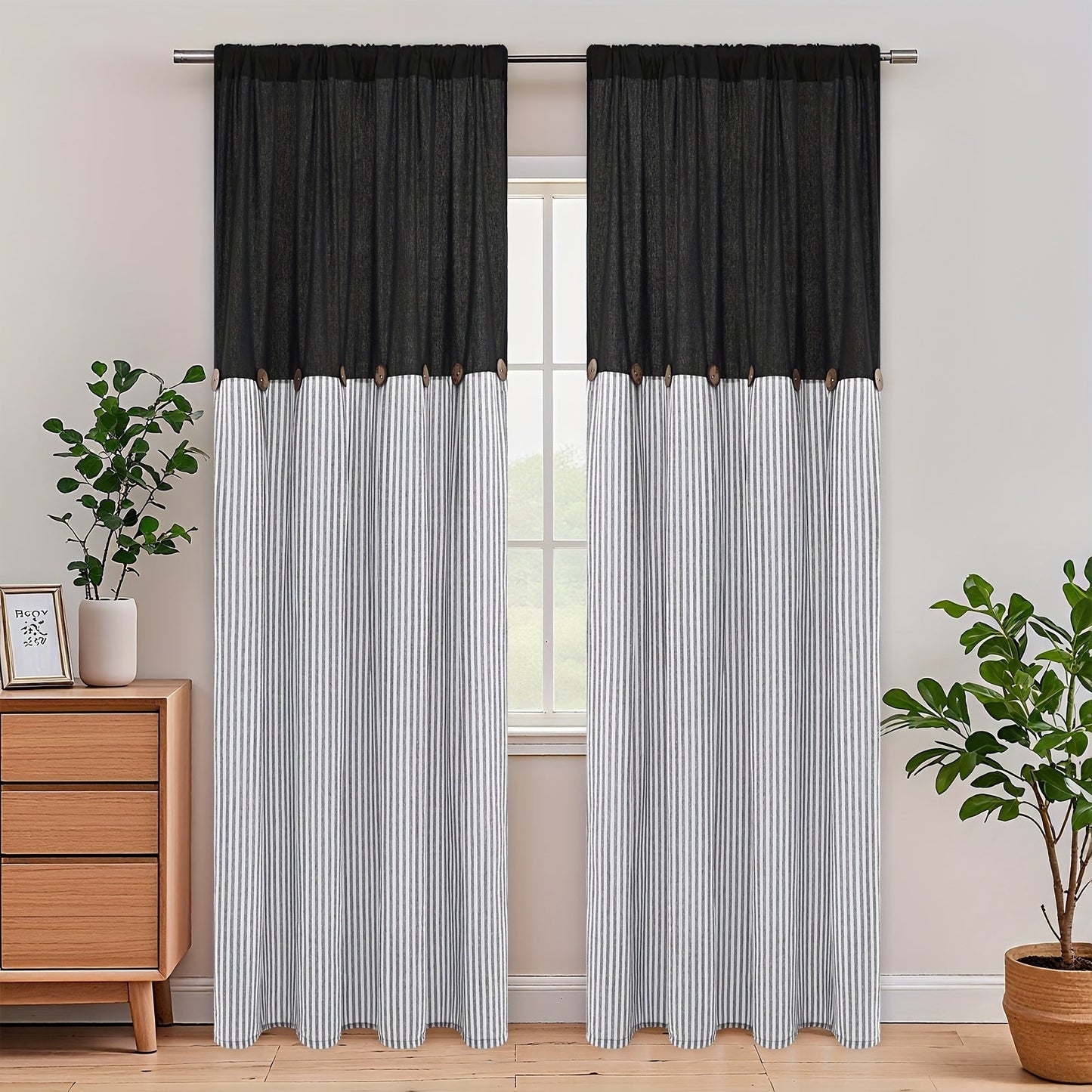 Striped Patchwork Window Curtain Set with Rod-Pocket Top, Six Colors and Five Panel-Count or Size Options