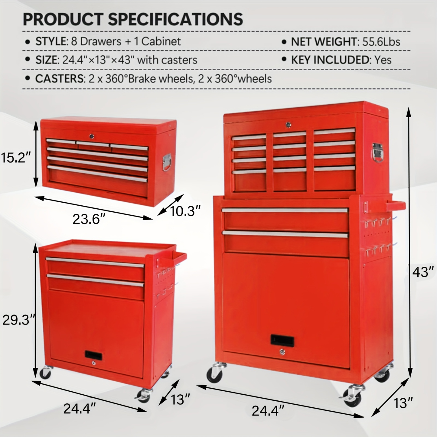 Rolling Tool Chest 8-Drawer Alloy Steel 2-in-1 Mobile Workbench Detachable Top Lockable Wheels Garage for Garden, Patio and Yard Use