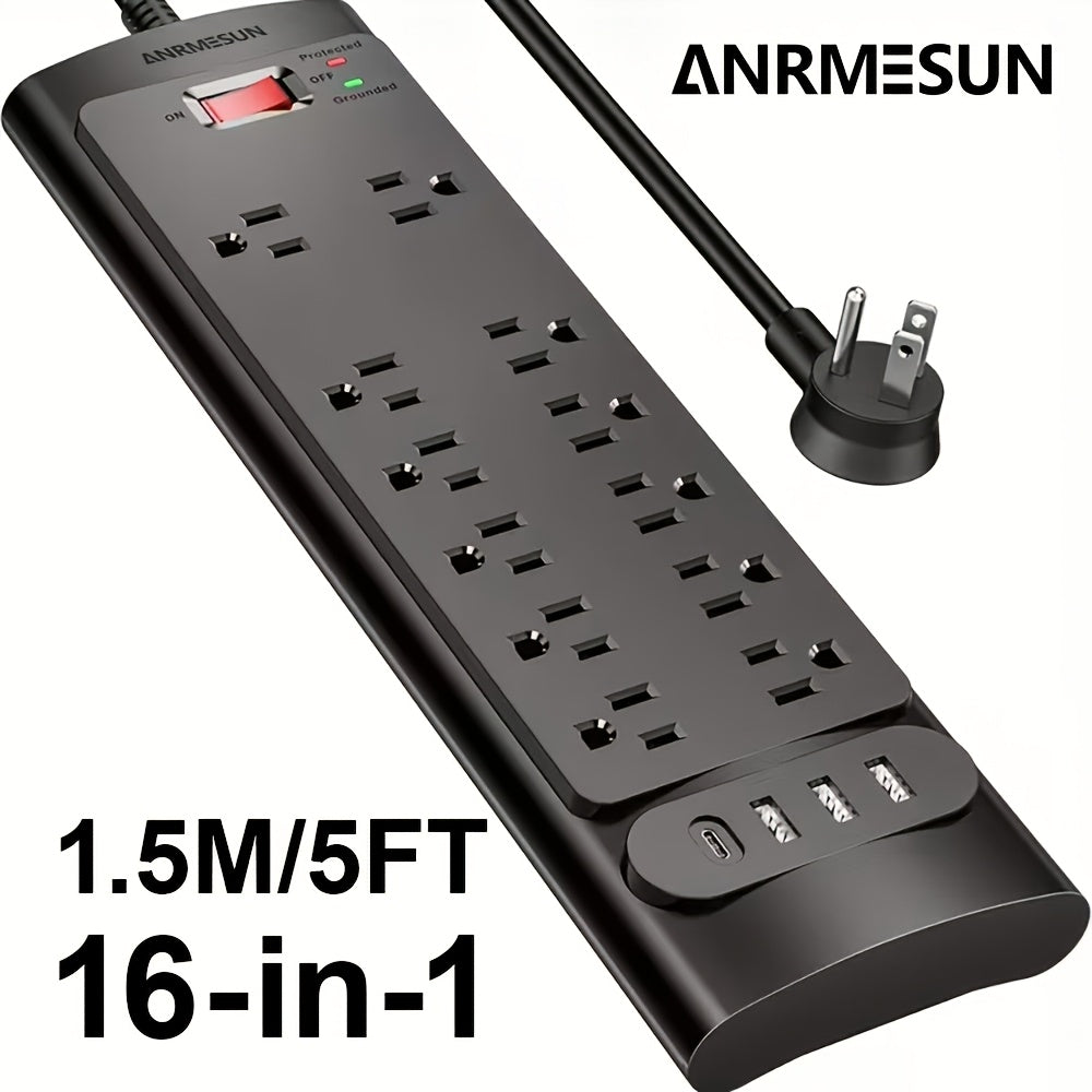 Surge Protector Power Strip 16-in-1 ANRMESUN with 12 AC Outlets, 3 USB-A, 1 USB-C, 2980J Marking and 5 ft Cord