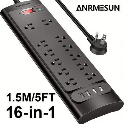 Surge Protector Power Strip 16-in-1 ANRMESUN with 12 AC Outlets, 3 USB-A, 1 USB-C, 2980J Marking and 5 ft Cord