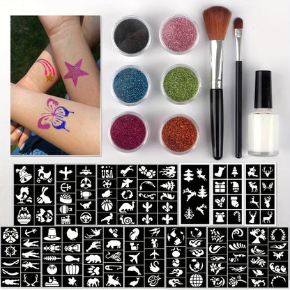 Glitter Tattoo Kit for Kids & Adults, 14 Stencil Sheets 6 Metallic Colors Skin-Safe Body Glue 2 Brushes