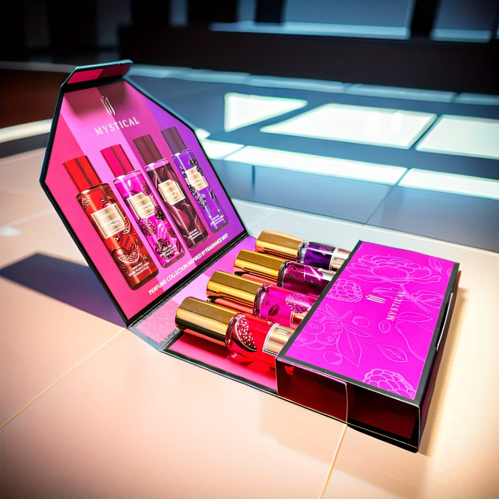 Perfume Gift Set MYSTICAL Four 20ml Eau de Parfum Spray Bottles with Gold Caps in Pink Floral Box