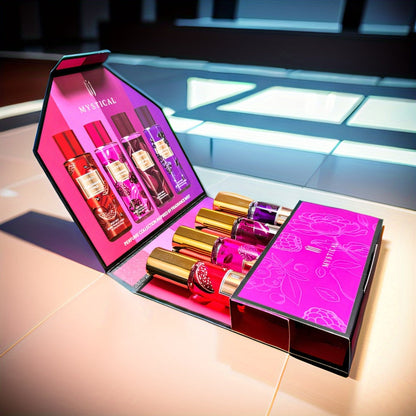 Perfume Gift Set MYSTICAL Four 20ml Eau de Parfum Spray Bottles with Gold Caps in Pink Floral Box