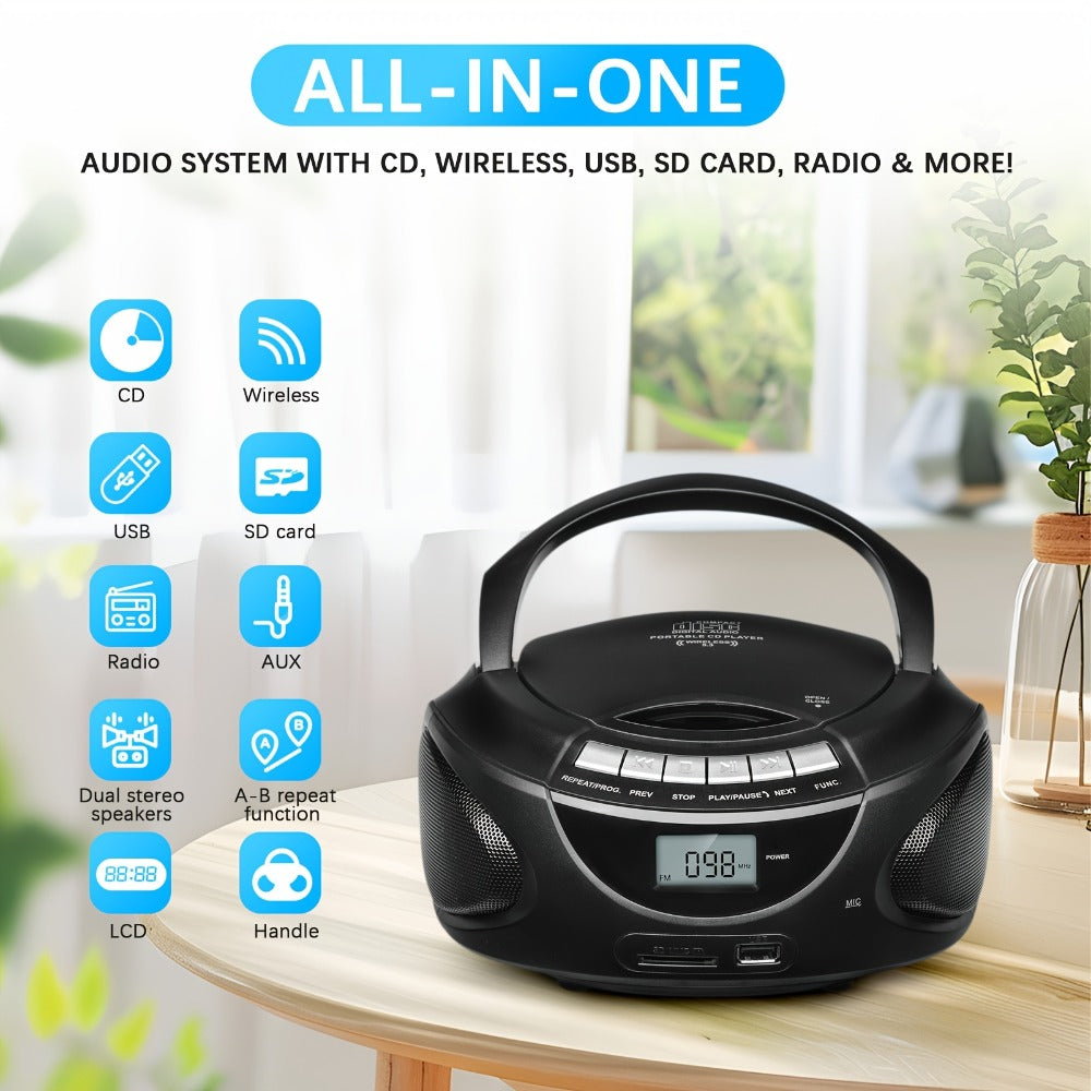 Portable CD Player Boombox with AM FM Radio Dual Stereo Speakers, Aux Input USB TF Card MP3 Player