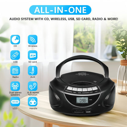 Portable CD Player Boombox with AM FM Radio Dual Stereo Speakers, Aux Input USB TF Card MP3 Player