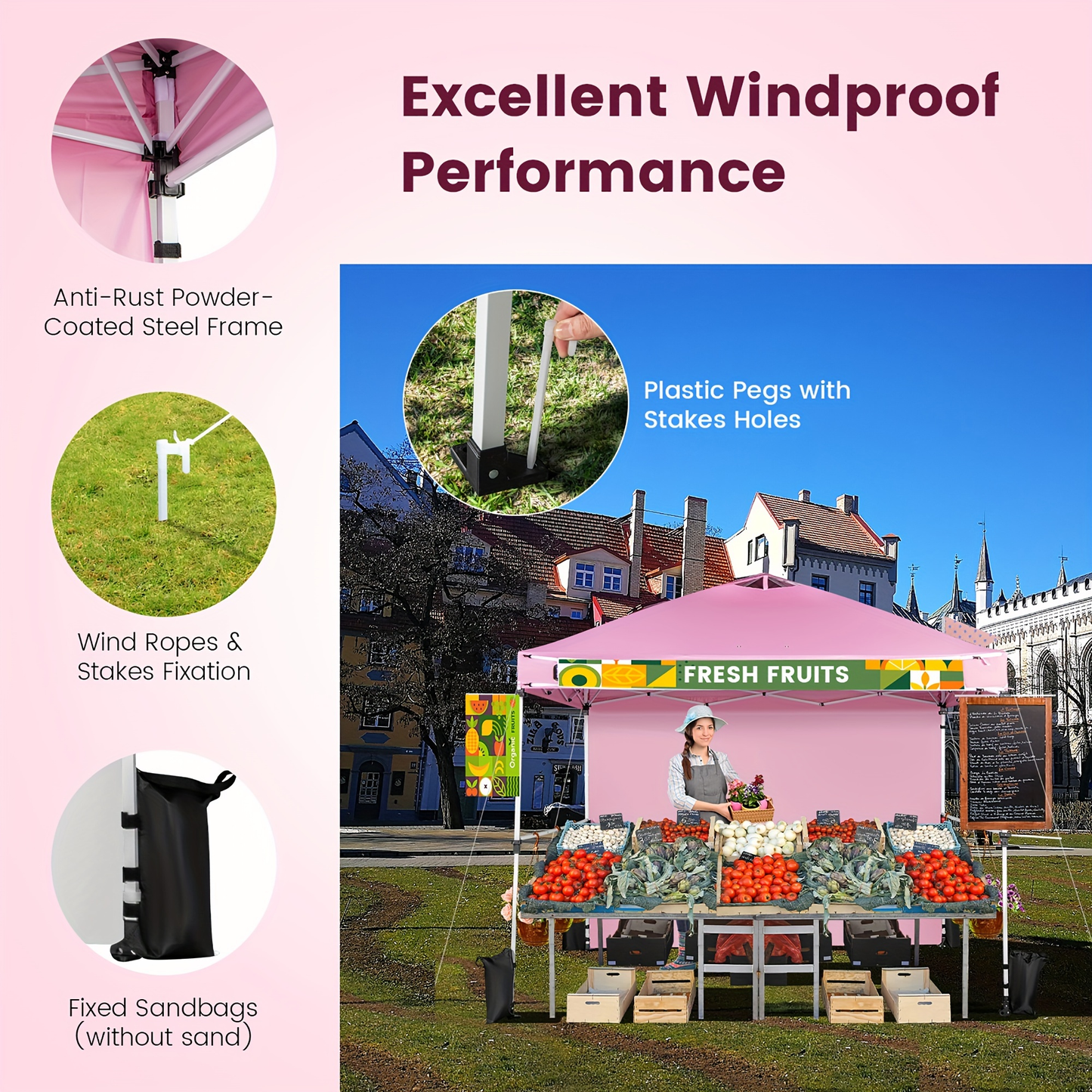 Pink 10x10ft Commercial Pop-Up Canopy Tent with Sidewall, Hanging Bars, Crossbars and Banner Strip