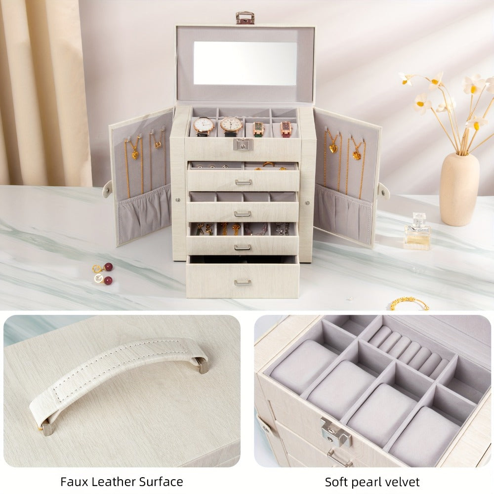 Jewelry Box, Five-Tier PU-Leather Organizer with Built-In Mirror, Key Lock and Three Color Options