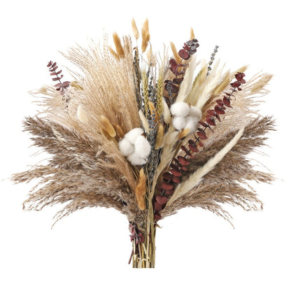 Boho Pampas Grass Dried Flower Arrangement, Lavender Eucalyptus Bouquet with Gemstone Accents for Home Decor