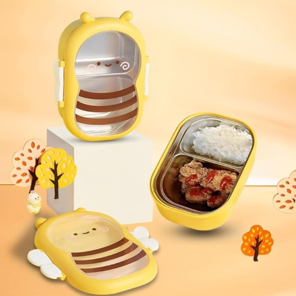 Cute Bee Lunch Box Stainless Steel, 304 Food Grade 2-Compartment Bento Box with Bee-Themed Lid for Kids
