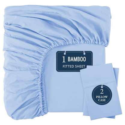 Bamboo Fitted Sheet Set 3-Piece – Cooling Breathable Soft Deep Pocket Bed Sheets, Twin Full Queen King, 12 Colors – Fits Mattress Up to 15"