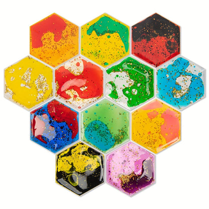 12-Piece Liquid-Filled Flexible Tile Set in Square or Hexagon Shapes for Wall or Floor Display