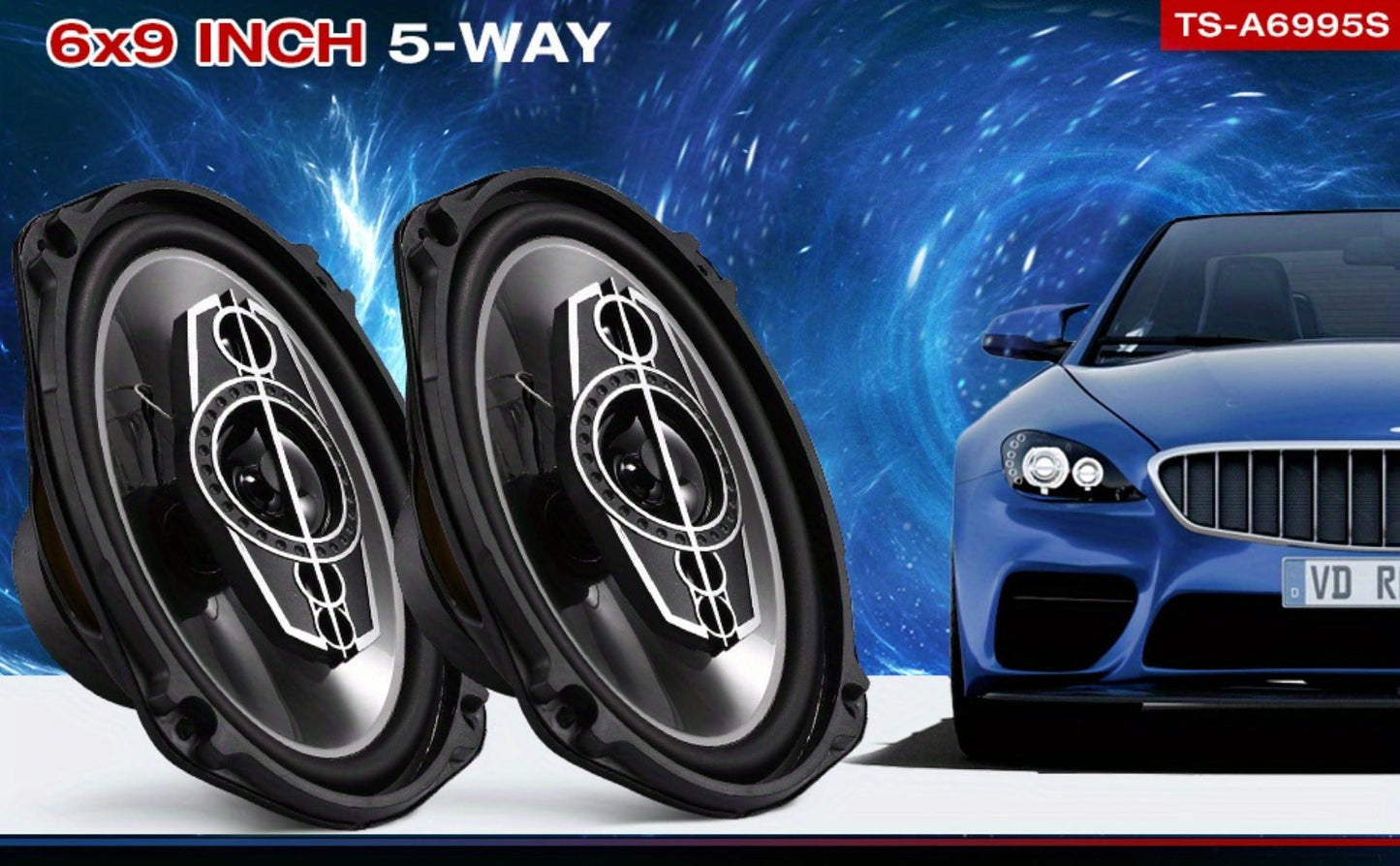 Pair of 6 x 9 Inch Five-Way Coaxial Car Speakers Labeled 1000W Peak, 120W RMS and 4 Ohms with Grilles