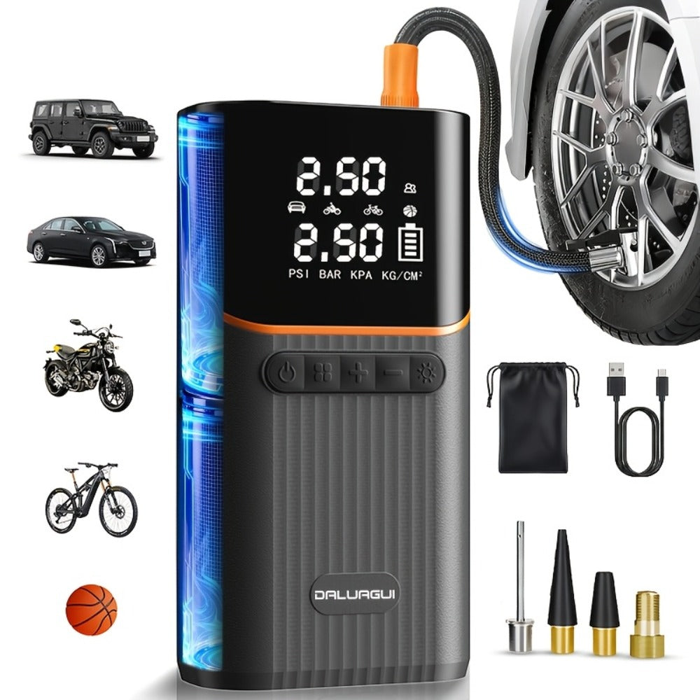 Portable Tire Inflator 150PSI 6000mAh – Digital Display Air Pump with USB Type-C Charging, Dual Safety Protection, LED Light for Car, Bike
