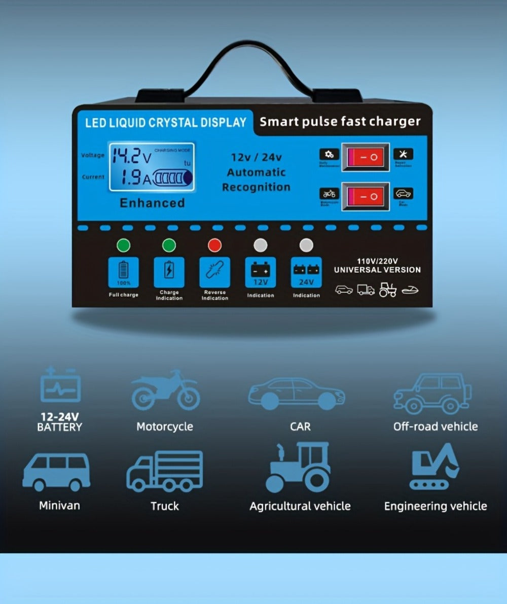 Intelligent Battery Charger & Inverter 12V & 24V – LCD Display, Trickle Maintenance, Overcharge & Short Circuit Protection for Cars Yachts