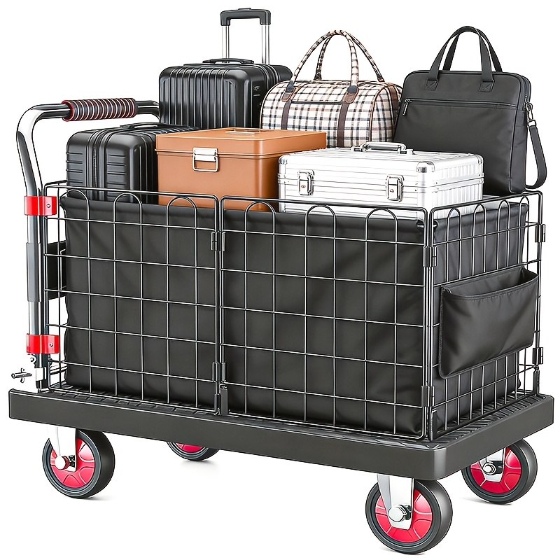 Folding Platform Cart with Removable Cage & Silent Wheels, 400-, Anti-Skid Deck, Telescopic Handle for Moving