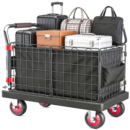 Folding Platform Cart with Removable Cage & Silent Wheels, 400-, Anti-Skid Deck, Telescopic Handle for Moving